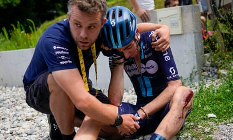 France's Romain Bardet is clearly upset as he is retired from the race after the crash.