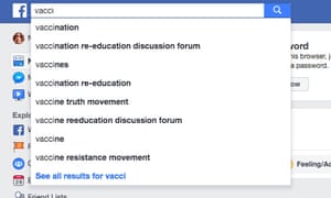 Facebook’s autofill suggestions for “vacci” steers users toward anti-vaccine misinformation.