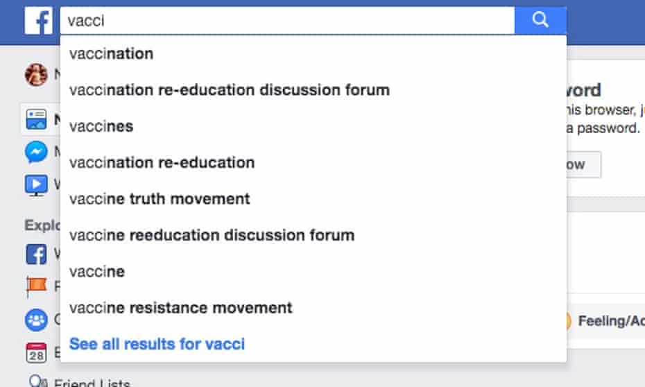 Facebook’s autofill suggestions for “vacci” steers users toward anti-vaccine misinformation.