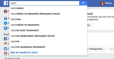 Facebook autofill suggestions for ‘vacci’.