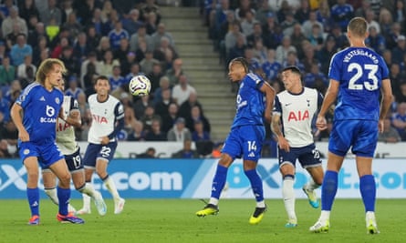 Pedro Porro (second right) beats Bobby Decordova-Reid to the ball and flicks a header into the Leicester net to give Spurs the lead