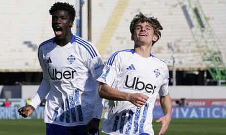 Nico Paz (right) celebrates with Assane Diao after scoring against Fiorentina