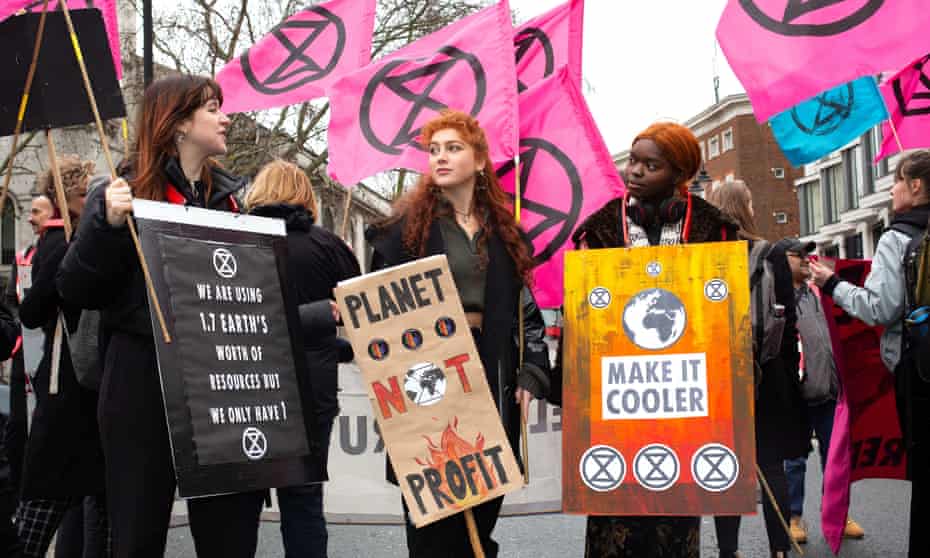 ‘There’s no influencers or celebrities when you are shopping second-hand. No must-haves, no weekly drops’ … Extinction Rebellion outside London fashion week earlier this year.