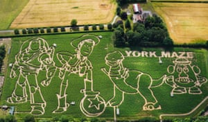 A green field with representations of the characters Woody, Buzz Lightyear, Slinky Dog and Mr Potato Head cut into it