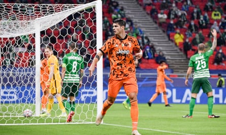 Álvaro Morata celebrates his first goal for Juventus against Ferencvaros.