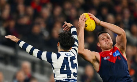 Steven May of the Demons marks the ball during the AFL Round 8 match between the Melbourne Demons and the Geelong Cats at the Melbourne Cricket Ground.