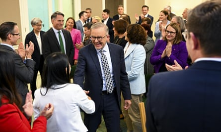 Anthony Albanese is welcomed by colleagues.