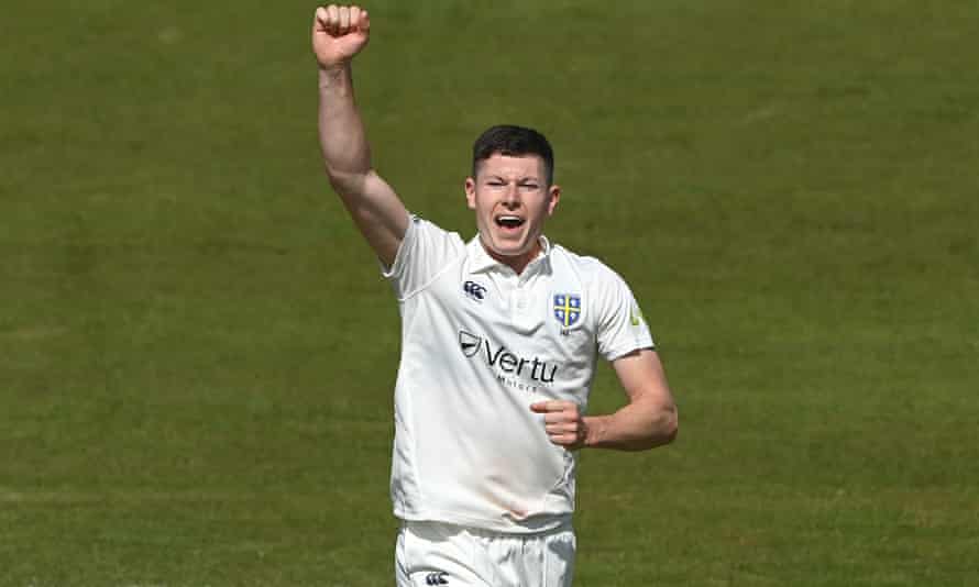 Matthew Potts celebrates after taking the wicket of Joe Clarke