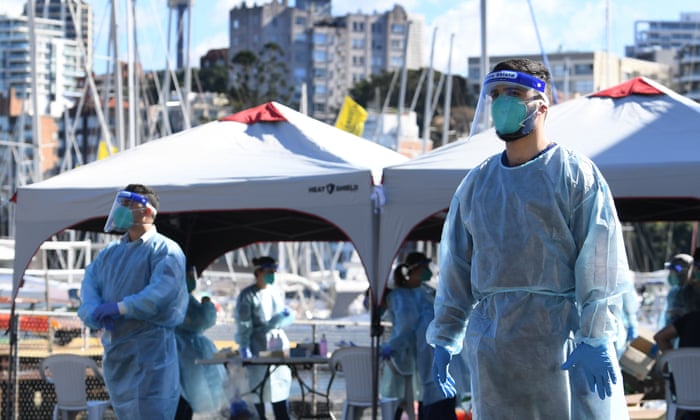 New South Wales health workers carry out Covid-19 tests at a pop-up clinic at Rushcutters Bay in Sydney, Australia, 29 July 2020.