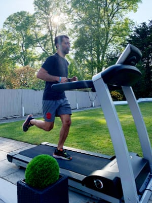 Francis Benali practises on his treadmill in the garden.