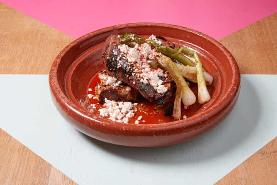 Barbecued sweet potatoes and roasted Madre cauliflower arrive in matcha salsa butter with scallion and feta.
