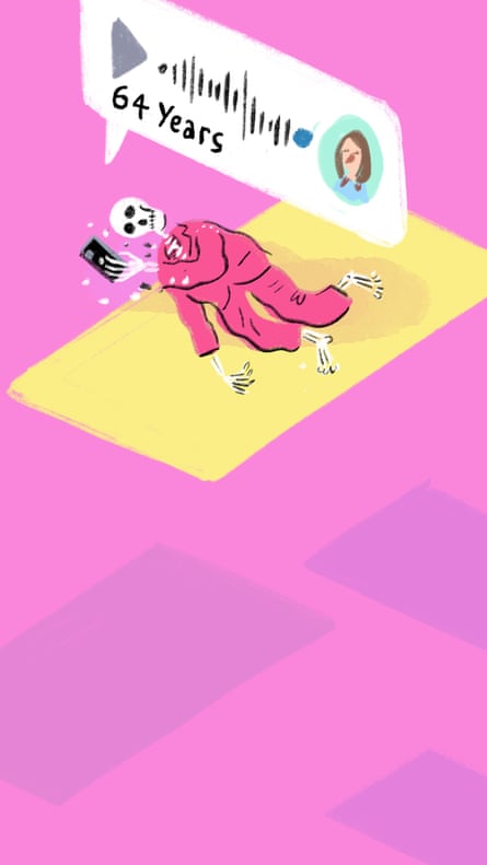 Illustration of skeleton holding up voice note that says it’s “64 years” long