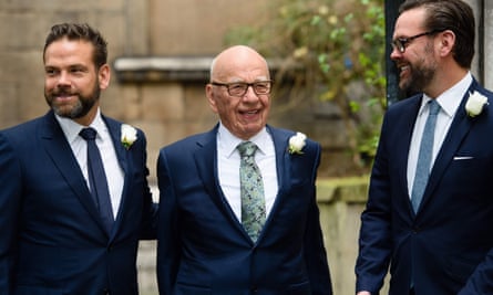 Rupert Murdoch flanked by his sons Lachlan and James on Fleet Street in central London a day after Rupert’s marriage to Jerry Hall.