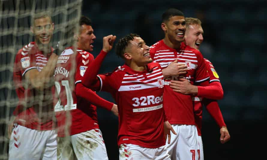 Middlesbrough players celebrate a goal against Preston.