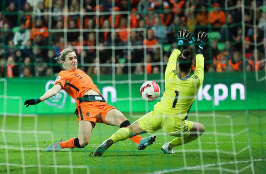Vivianne Miedema opens the scoring in the Netherlands’ 12-0 win over Cyprus in their 2023 Women’s World Cup qualifier group game in April. Miedema scored six of her side’s goals.