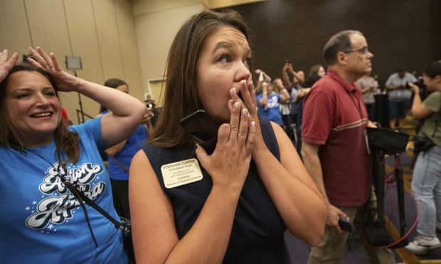 State representative Stephanie Clayton reacts at the Overland Park Convention Center to election returns on the abortion referendum.