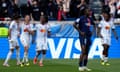 Melchie Dumornay (third from left) celebrates scoring Lyon’s second goal against PSG, which sealed their place in the Women’s Champions League final.