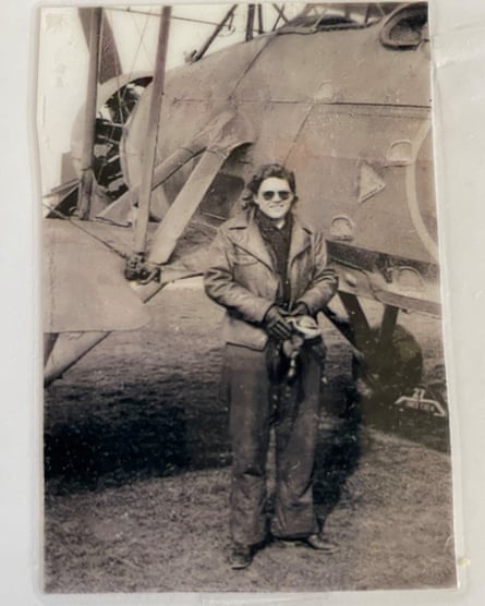 Nancy Miller Stratford poses with a Swordfish torpedo bomber