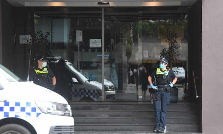 Police are seen outside the the Park Hotel in Melbourne