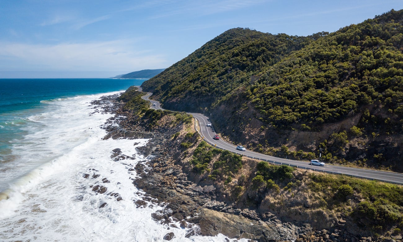 Scenic aerial drone picture of Teddy’s Lookout and the Great Ocean Road in Victoria, Australia