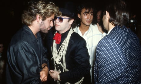 George Michael with Elton John, Andrew Ridgeley and Bernie Taupin at the 1985 Ivor Novello Awards