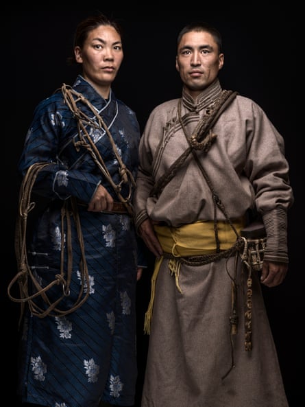 Yanjmaa Baljmaa (left) and Nerguibaatar Batmandakh. The former herders now work as a nurse and a security guard in Baruun-Urt