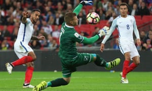 Theo Walcott misses a chance during England’s win over Malta at Wembley, when the Arsenal forward was also substituted in the second half.