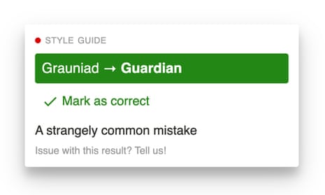 A dialog showing a spelling correction from ‘Grauniad’ to ‘Guardian’