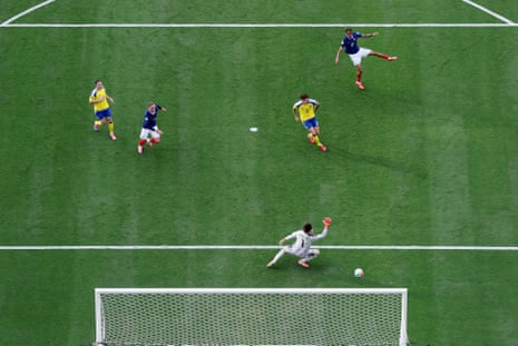Overhead photograph of Bradley Barcola shooting and scoring France's second goal