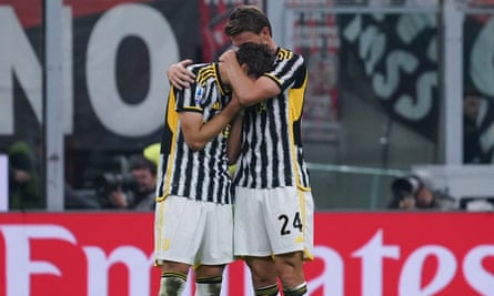 Manuel Locatelli (left) cries into the arms of Daniele Rugani (right) after Milan beat Juventus 1-0 at the San Siro.