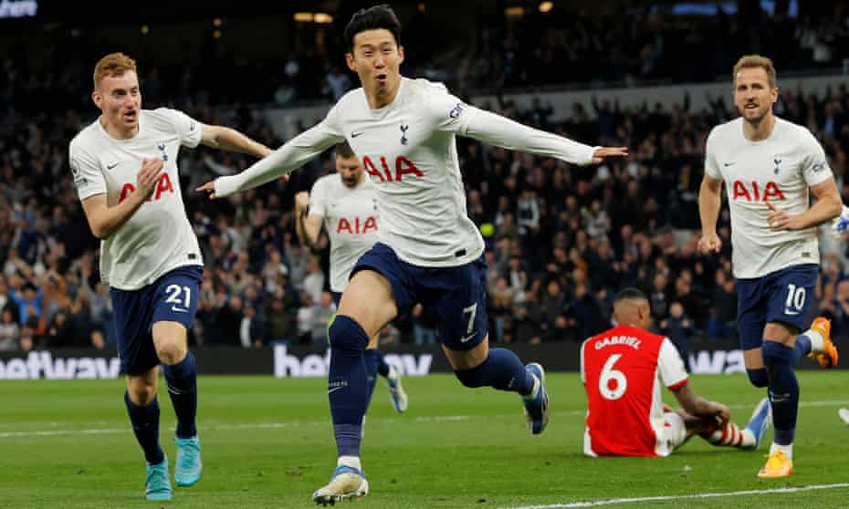 Tottenham Hotspur’s Son Heung-min celebrates after adding a third for the home side just after half-time.