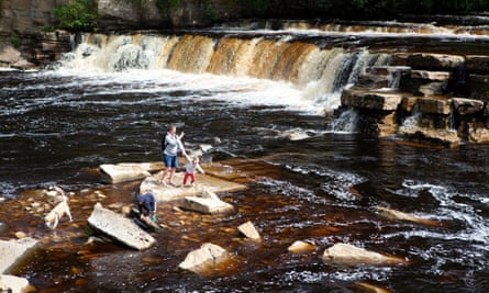 Femme avec enfants et chien aux chutes