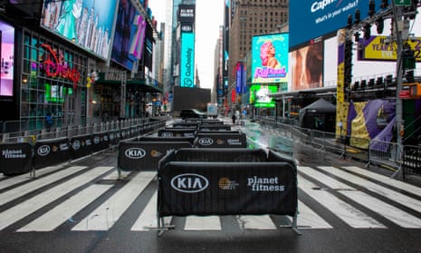 Barricades are set up to maintain social distancing before the New Year’s Eve celebration in Times Square, New York