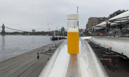 A water sample taken from the River Thames around Hammersmith Bridge in West London. High levels of E.coli have been found along a stretch of the River Thames that will be used for the historic Oxbridge Boat Race.