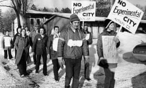 People protest against the Minnesota Experimental City project, an attempt to create a full-size city from scratch in the isolated woods of northern Minnesota in the 1960s.