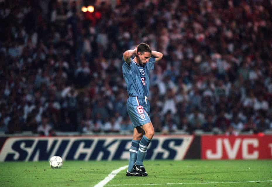 Gareth Southgate walks away after missing the penalty that sent England out of Euro 1996 in the semi-final against Germany