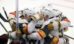 Vegas Golden Knights players celebrate together after Ivan Barbashev scored a goal during the second period of Monday’s Game 6 of the Western Conference finals.
