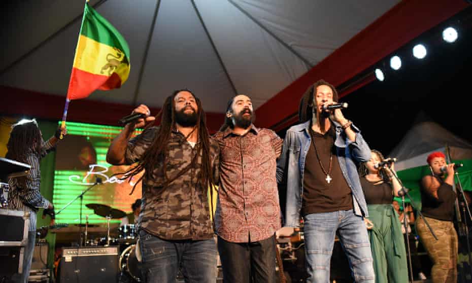 Reggae brothers … from left: Ky-Mani, Damian and Julian Marley perform at Marley 75 in Kingston, Jamaica.