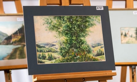 A watercolour attributed to Adolf Hitler on display ahead of auction in Nuremberg.