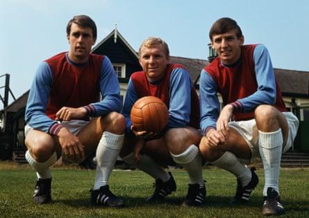 Geoff Hurst, Bobby Moore and Martin Peters in West Ham kit in 1966