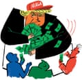Trump wearing a red Maga hat and hoarding green dollar bills as people below him only hold one bill each while looking concerned