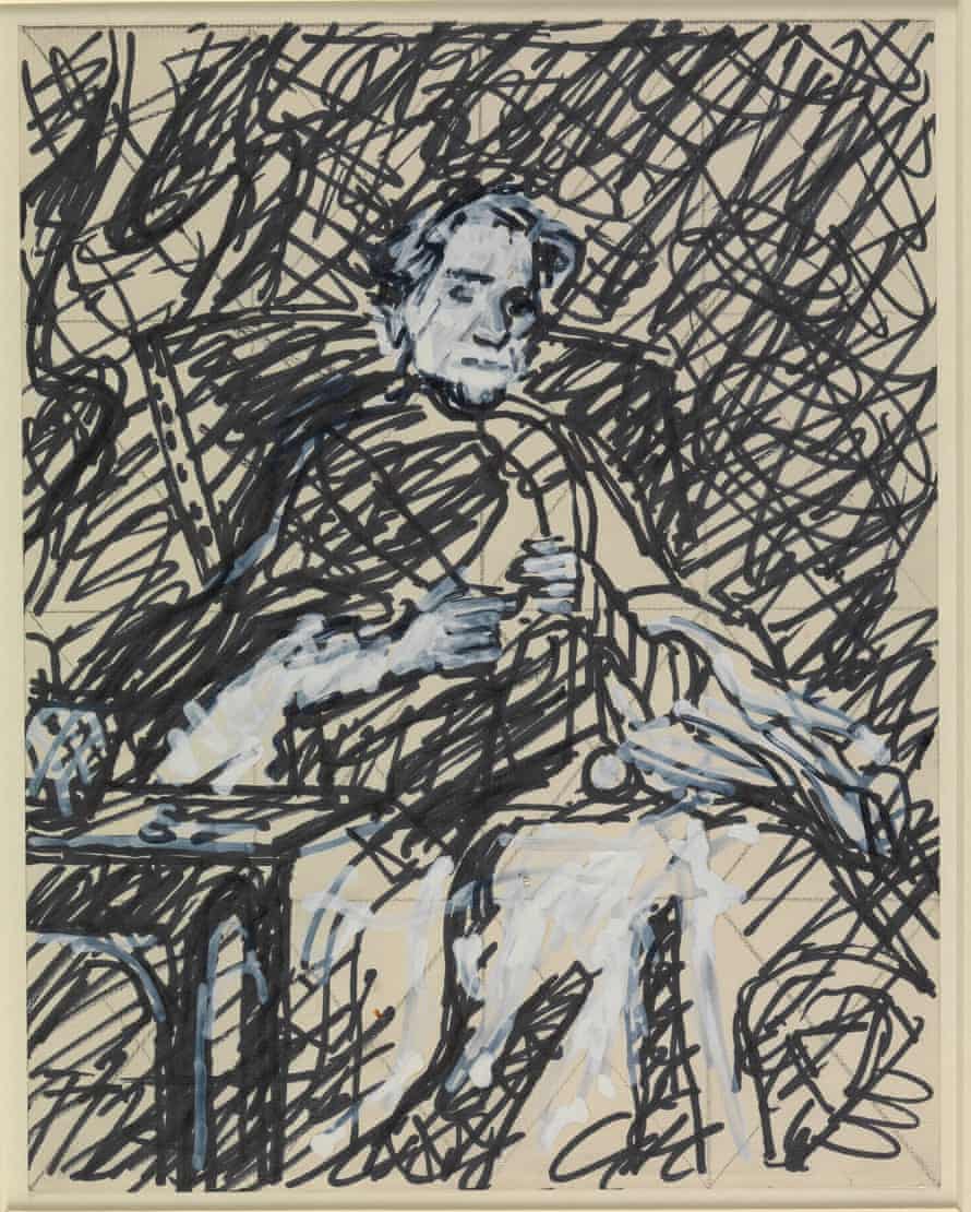Frank Auerbach, Drawing after Reynolds’s ‘Anne, Countess of Albemarle’, pencil, felt tip pen and correction fluid on paper, 1983. Courtesy of The National Gallery, London