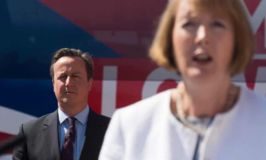 David Cameron listening to Harriet Harman speak at the Britain Stronger in Europe event.