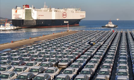 Electric cars for export waiting to be loaded on the ship BYD Explorer No 1 at Yantai port in China’s Shandong province.