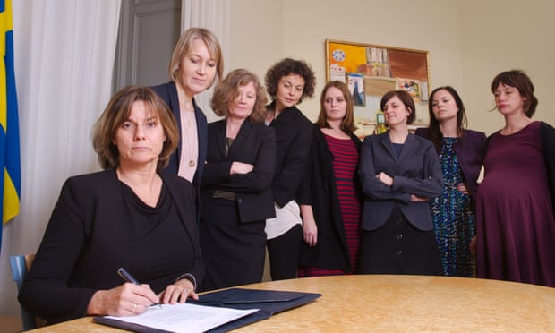 Sweden’s deputy PM, Isabella Lövin, signs bill seen as a parody of Donald Trump signing the ‘global gag’ order.