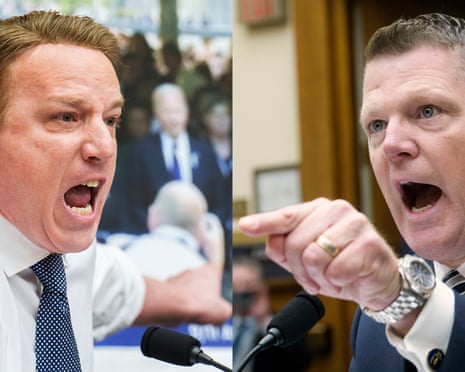 a composite image showing two men shouting at each other