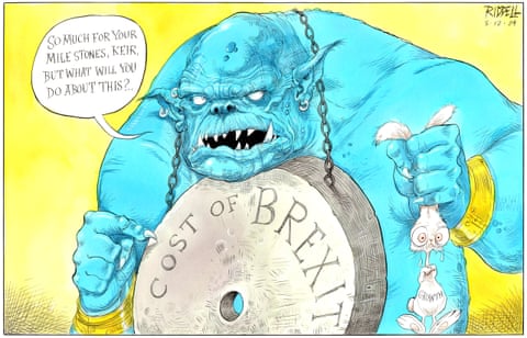 A large blue orc with a millstone around its neck saying 'Cost of Brexit' holding a decapitated rabbit labelled 'growth'. The caption says 'So much for your milestones, Keir, but what will you do about this?', panel 1