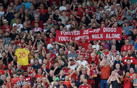 Liverpool fans display a banner in the stands on the twentieth minute in tribute to Diogo Jota