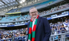 Australian Prime Minister Anthony Albanese looks on ahead of the NRL Round 6 match between the Canterbury-Bankstown Bulldogs and the South Sydney Rabbitohs at ACCOR Stadium in Sydney, Friday, April 7, 2023. (AAP Image/Mark Evans) NO ARCHIVING, EDITORIAL USE ONLY