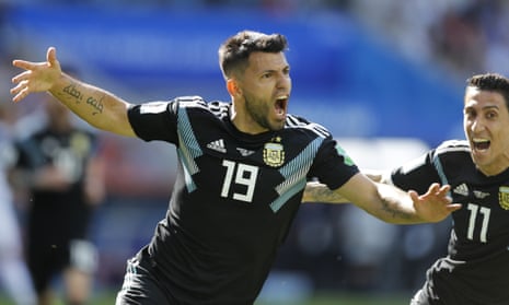 Sergio Aguero celebrates after scoring for Argentina against Iceland at the 2018 World Cup.